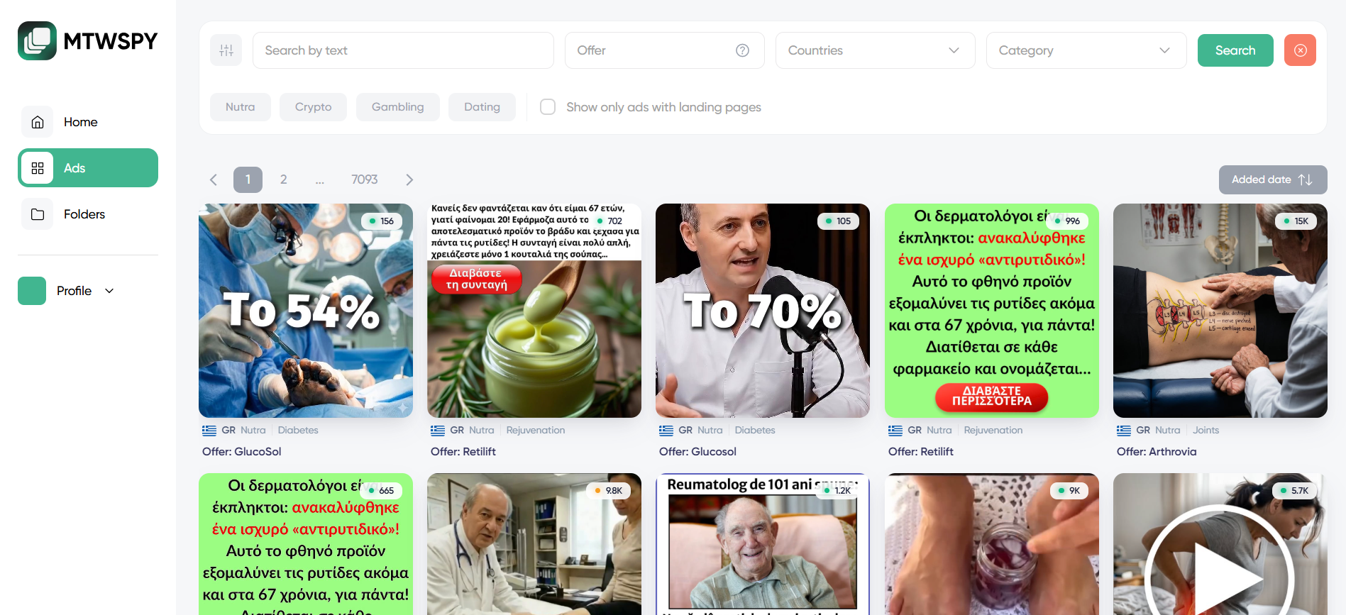 MTWSPY ad library: search, filters and a grid of Facebook ad creatives
